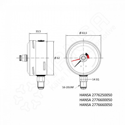 HANSA Manometer mit Schleppzeiger 60bar Anschluss 7/16'' UNF MA 2776660050