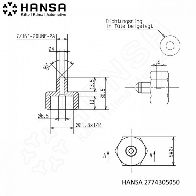 HANSA Flaschenanschlussstück  W 21,8x1/14 7/16''-20UNF FA 2774305050