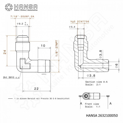 HANSA Elbow piece 7/16 UNF 1/8''NPT w 5V1 threat and Precote WK 2632100050