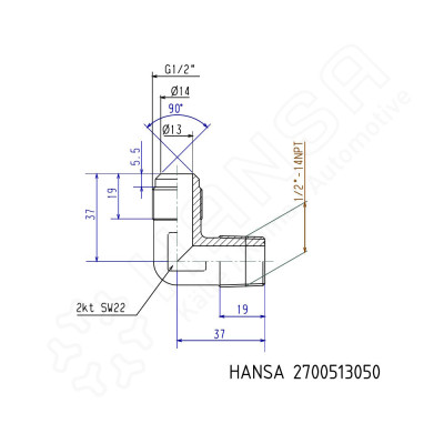 HANSA Winkelstück für KSV/ÜSV G1/2''  1/2''-14NPT WKS 2700513050