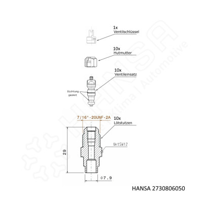 HANSA Lötstutzen mit Ventileinsatz + Hutmutter 7/16'' UNF LSV 2730806050