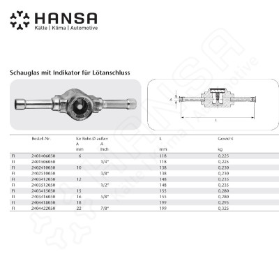 HANSA Schauglas m. Indikator  Lötanschluss 12 mm FI 2403412050